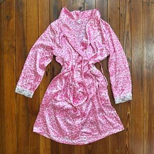 Vintage mid-2000s Pink K hot pink leopard satin robe with lace trim and tie